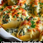 Cheesy spinach stuffed shells topped with sauce and melted cheese