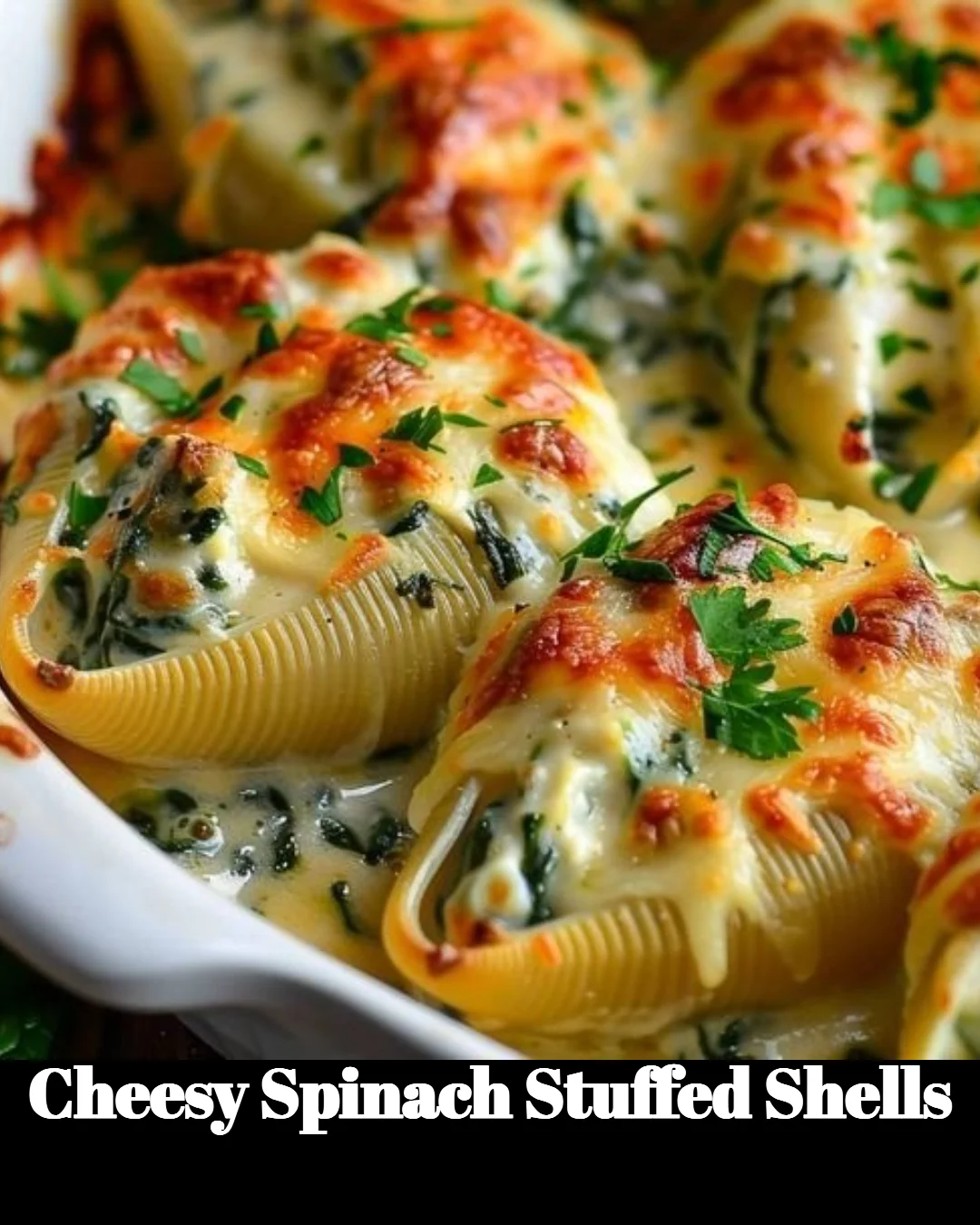 Cheesy spinach stuffed shells topped with sauce and melted cheese