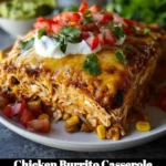 Delicious Chicken Burrito Casserole topped with melted cheese and fresh garnishes.