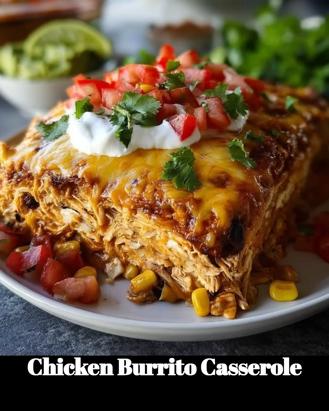 Delicious Chicken Burrito Casserole topped with melted cheese and fresh garnishes.