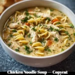 Bowl of Chicken Noodle Soup styled like Chick-fil-A, garnished with herbs.