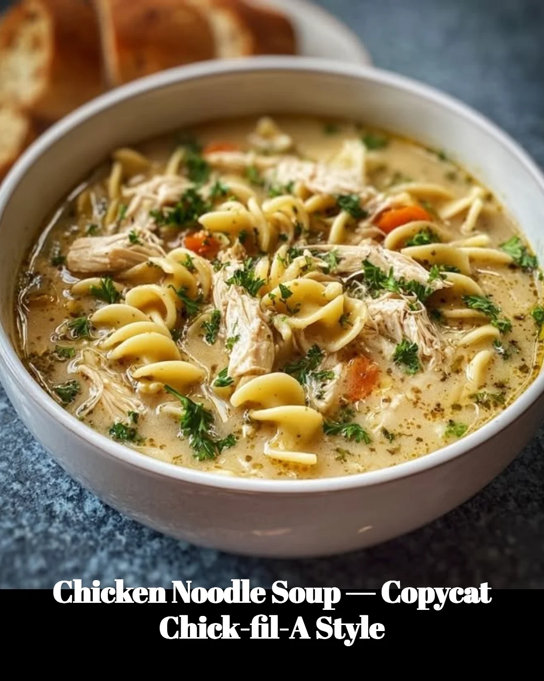 Bowl of Chicken Noodle Soup styled like Chick-fil-A, garnished with herbs.