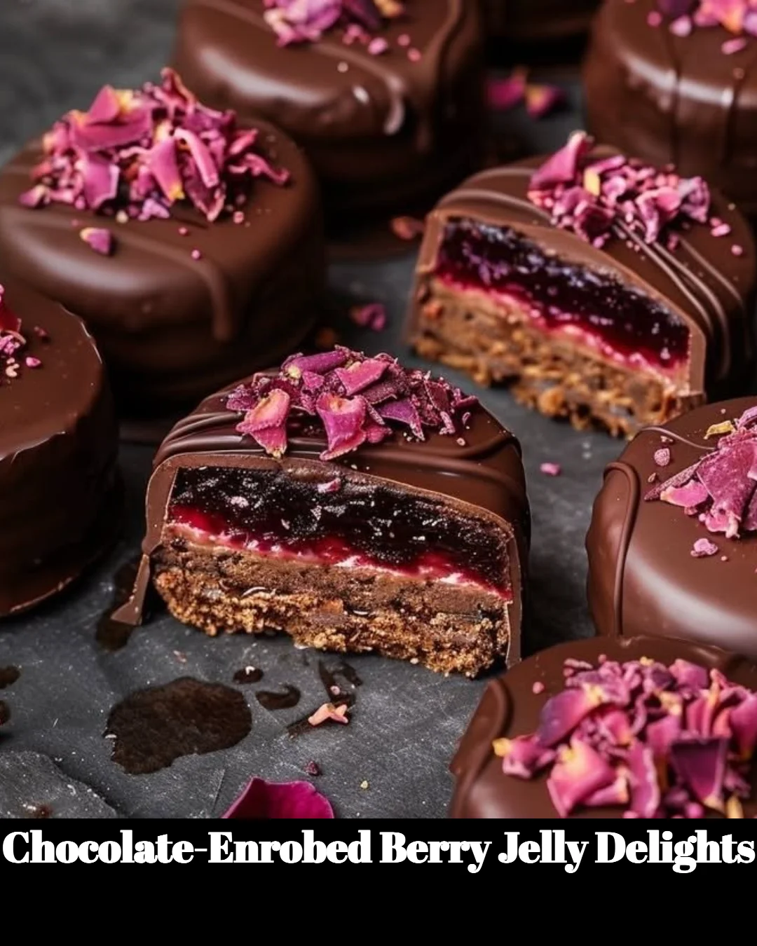 Chocolate-enrobed berry jelly delights on a plate