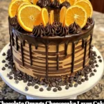 Chocolate orange cheesecake layer cake with creamy layers and zesty orange topping