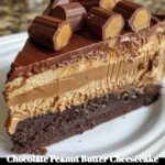 Delicious Chocolate Peanut Butter Cheesecake Cake topped with chocolate and peanut butter drizzle.