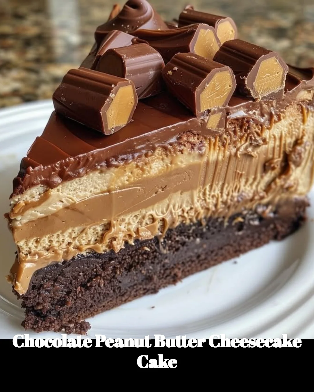 Delicious Chocolate Peanut Butter Cheesecake Cake topped with chocolate and peanut butter drizzle.