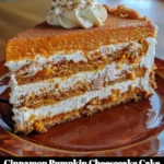 Cinnamon Pumpkin Cheesecake Cake topped with whipped cream and a cinnamon sprinkle
