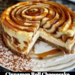 Delicious homemade Cinnamon Roll Cheesecake topped with cinnamon and cream.