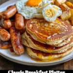 A classic breakfast platter with eggs, bacon, toast, and fresh fruit.