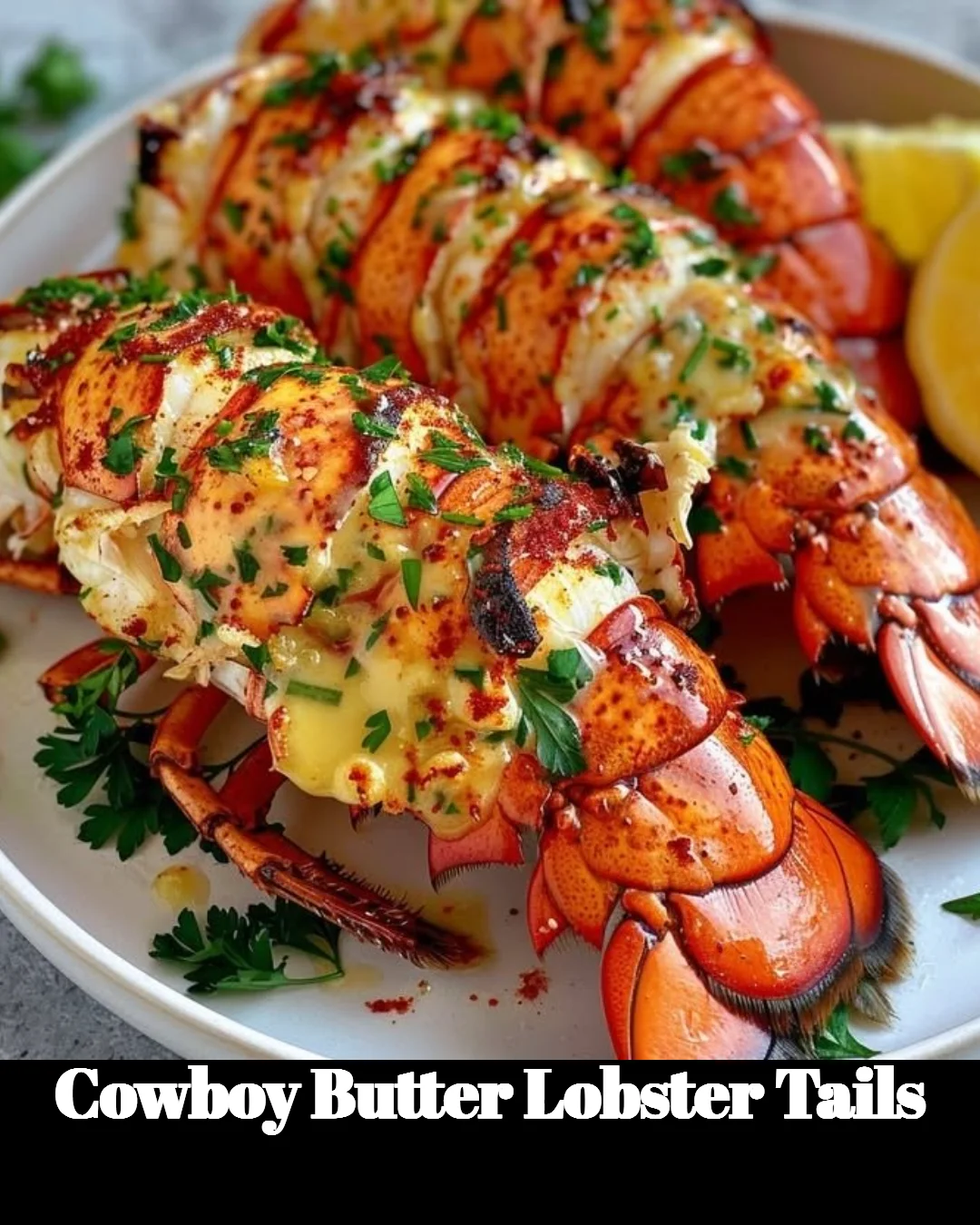 Delicious Cowboy Butter Lobster Tails drizzled with garlic butter sauce.