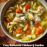 Cozy bowl of rotisserie chicken and garden vegetable noodle soup