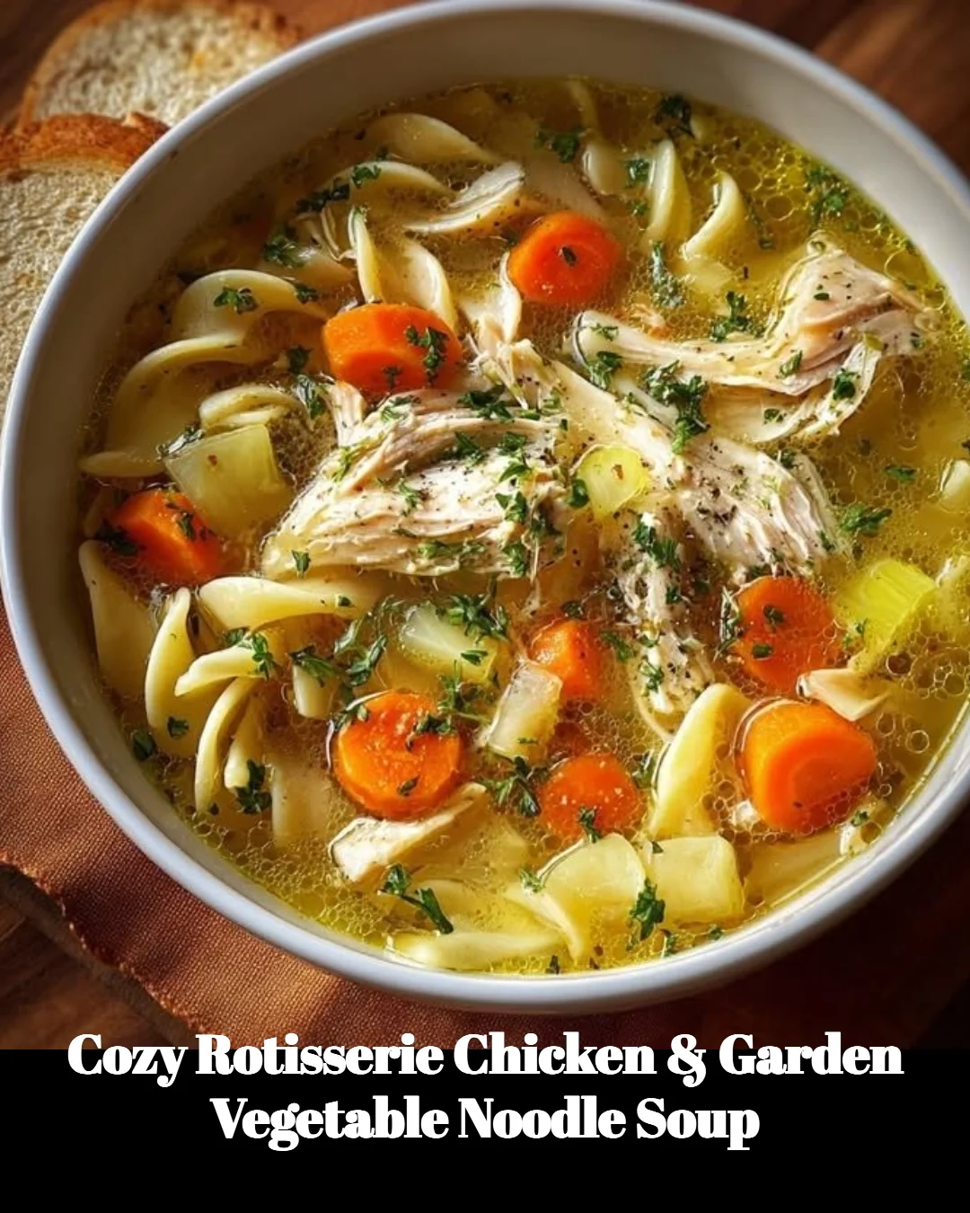 Cozy bowl of rotisserie chicken and garden vegetable noodle soup