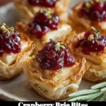 Plate of delicious Cranberry Brie Bites topped with fresh cranberries and herbs.