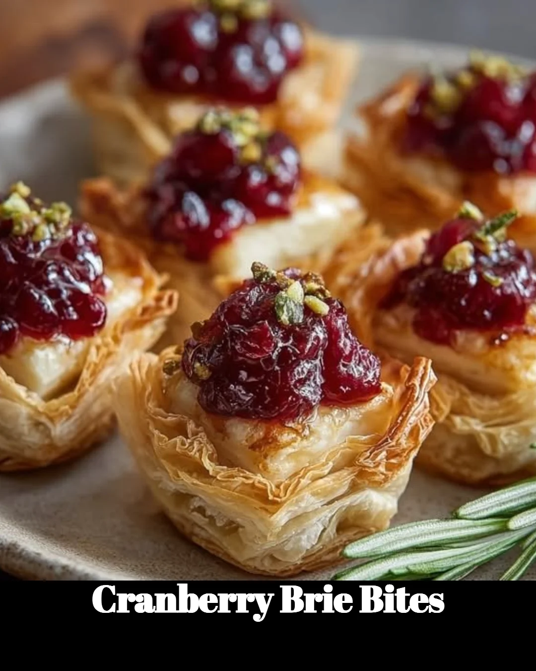 Plate of delicious Cranberry Brie Bites topped with fresh cranberries and herbs.
