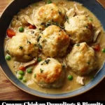 Creamy chicken dumplings and biscuits in a bowl, garnished with herbs.