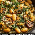 Creamy Lemon Butter Bean Skillet served in a pan with lemon slices and herbs
