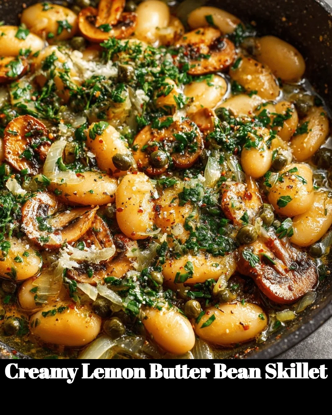 Creamy Lemon Butter Bean Skillet served in a pan with lemon slices and herbs