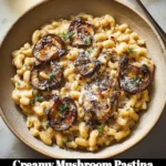 Creamy mushroom pastina dish garnished with herbs in a white bowl