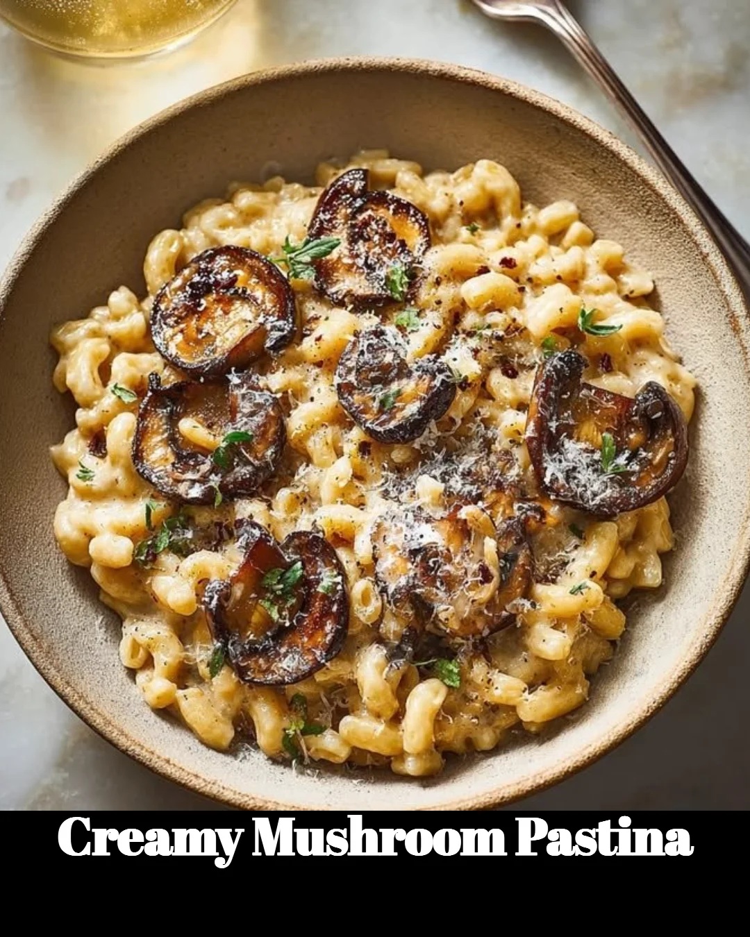Creamy mushroom pastina dish garnished with herbs in a white bowl