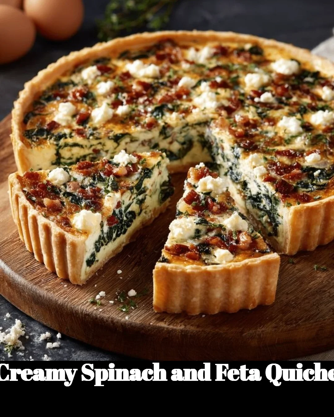 Creamy spinach and feta quiche served on a plate