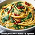 Creamy sun-dried tomato and spinach spaghetti on a plate