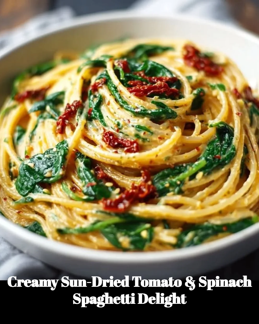 Creamy sun-dried tomato and spinach spaghetti on a plate