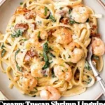 Creamy Tuscan shrimp linguine served with fresh herbs and parmesan cheese