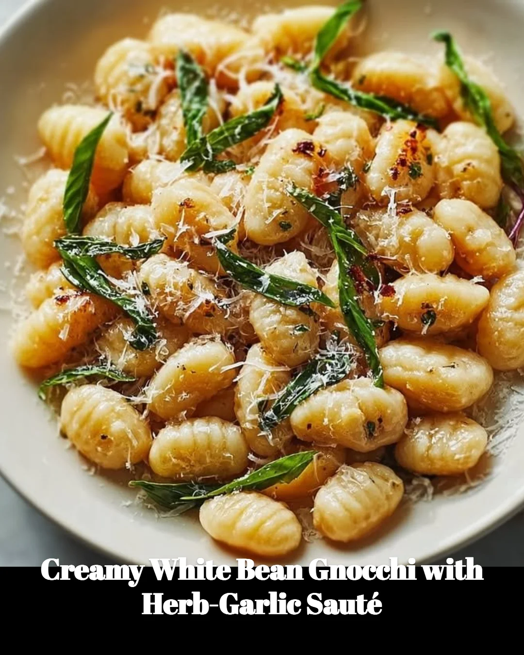 Creamy white bean gnocchi served with herb-garlic sauté