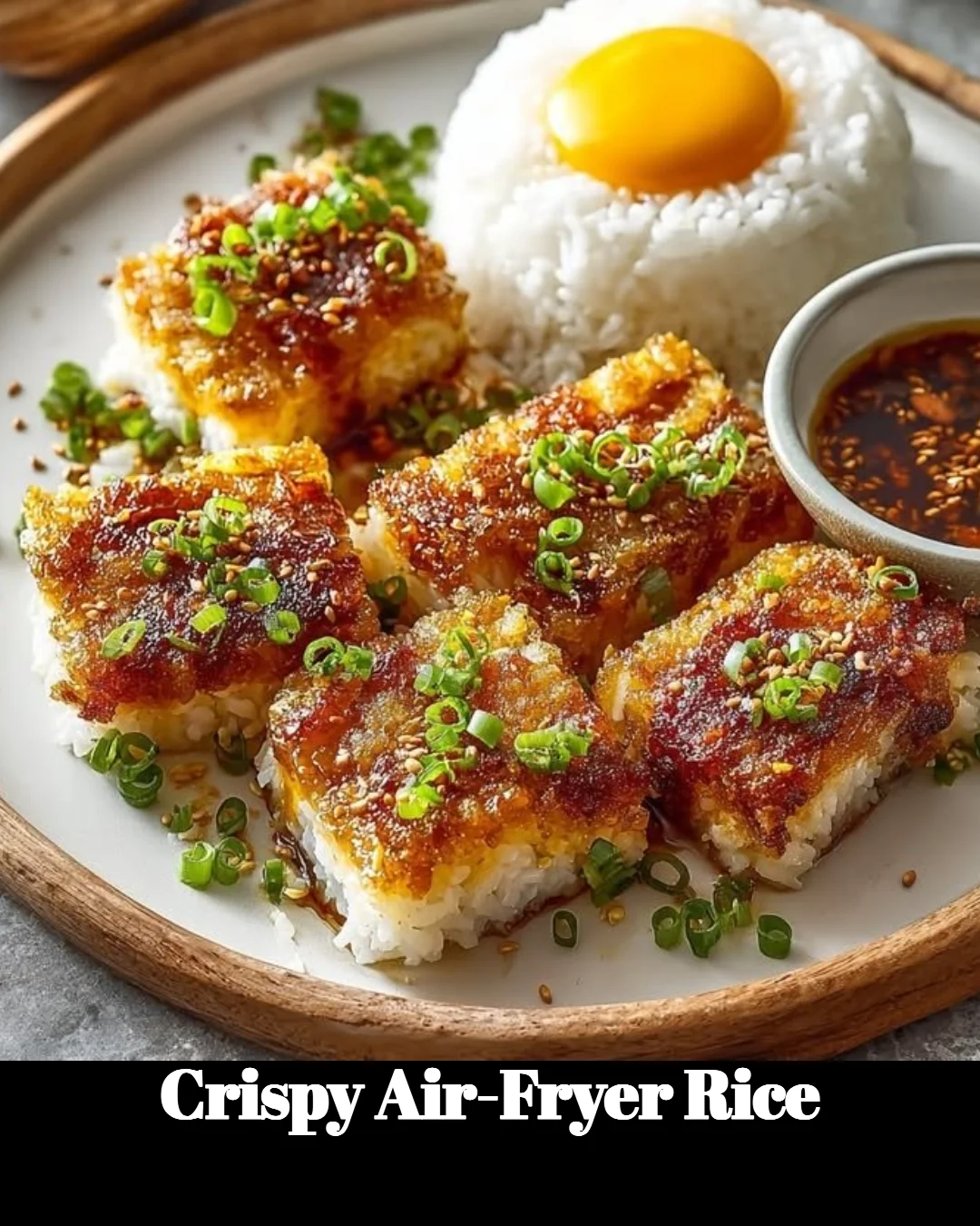 Crispy air-fryer rice served in a bowl with toppings