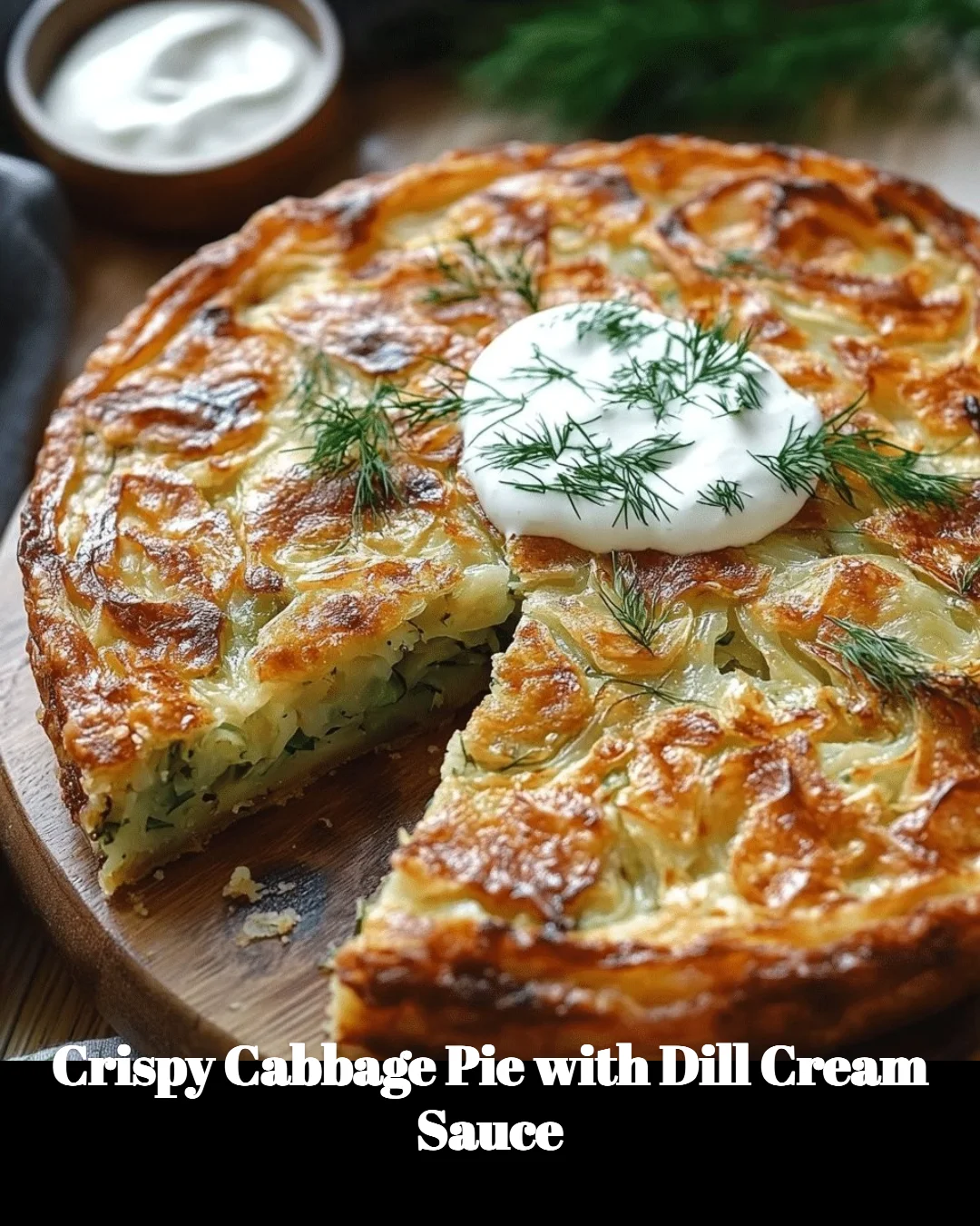 Crispy cabbage pie served with dill cream sauce