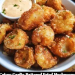 A plate of crispy garlic-battered fried mushrooms, golden and delicious