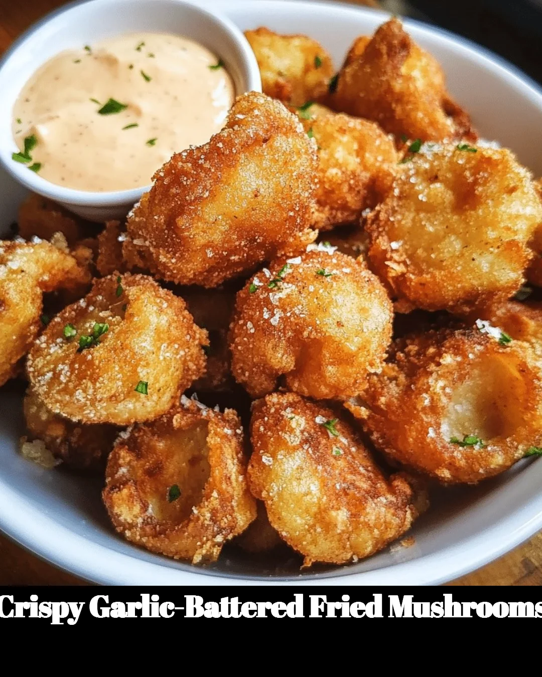 A plate of crispy garlic-battered fried mushrooms, golden and delicious