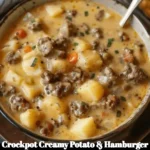 A bowl of Crockpot Creamy Potato & Hamburger Soup garnished with fresh parsley.