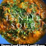 Bowl of Damn Good Vegan Lentil Soup garnished with herbs and spices