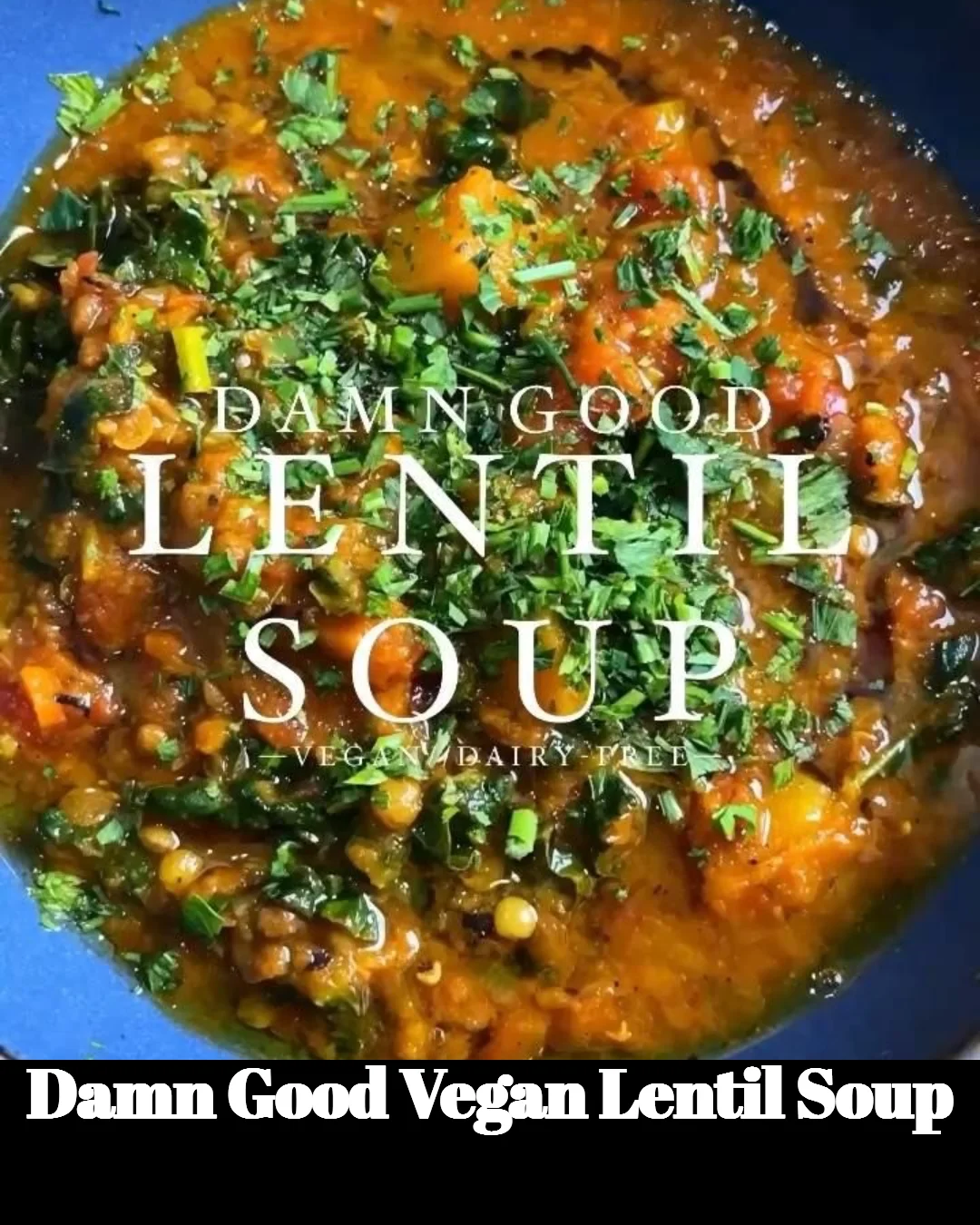 Bowl of Damn Good Vegan Lentil Soup garnished with herbs and spices