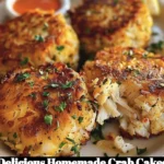Delicious homemade crab cakes plated with fresh herbs and lemon wedges.