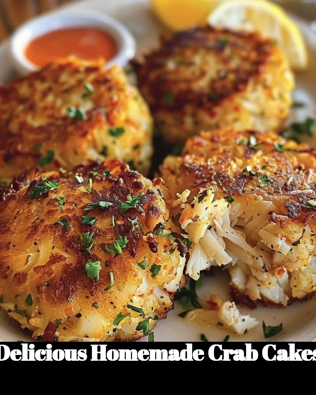 Delicious homemade crab cakes plated with fresh herbs and lemon wedges.