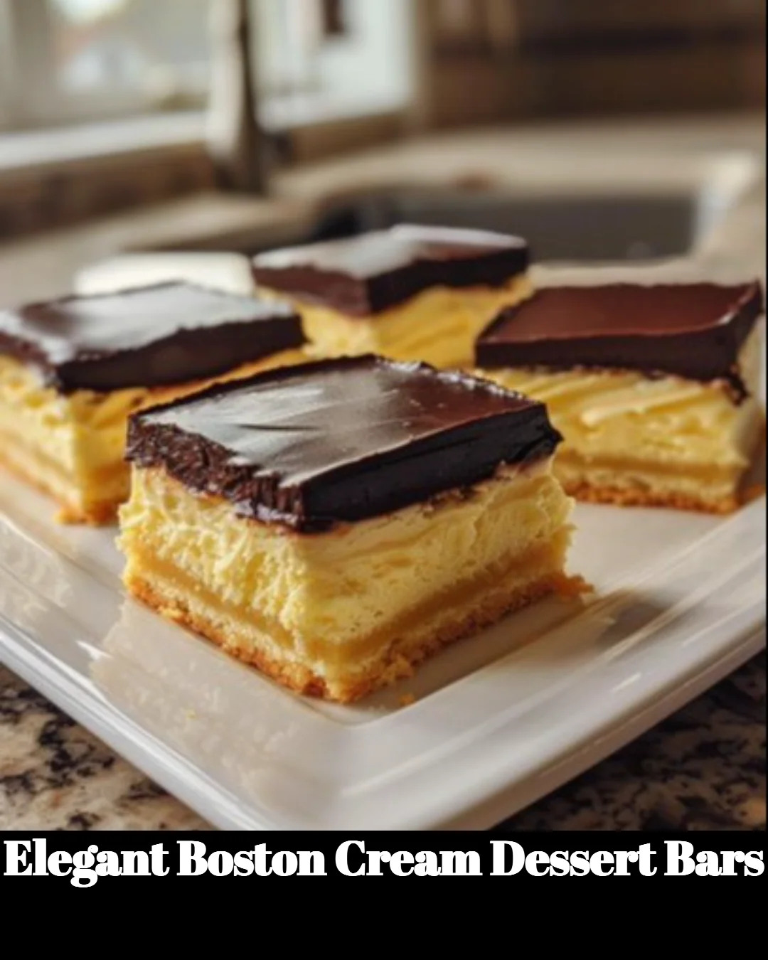 Elegant Boston Cream Dessert Bars topped with chocolate glaze and creamy filling