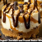 Elegant chocolate and peanut butter mini cheesecakes on a platter