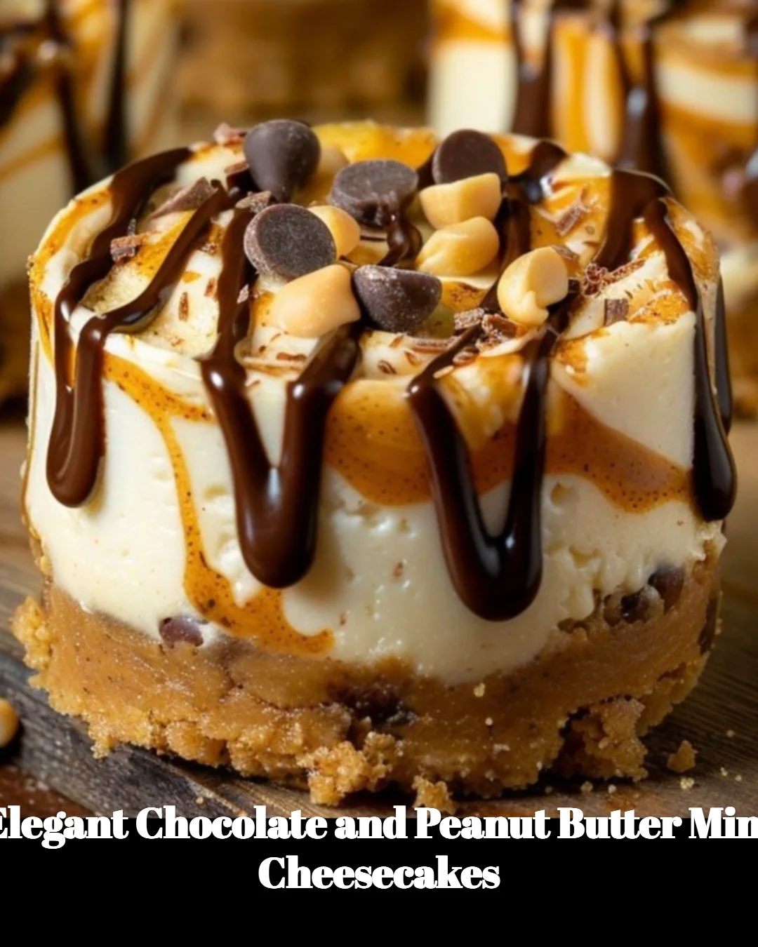 Elegant chocolate and peanut butter mini cheesecakes on a platter