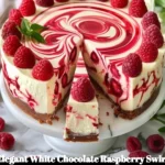Elegant white chocolate raspberry swirl cheesecake topped with fresh raspberries.