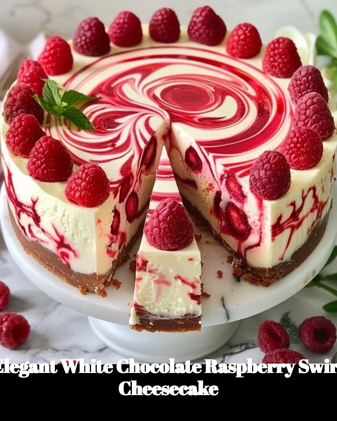 Elegant white chocolate raspberry swirl cheesecake topped with fresh raspberries.