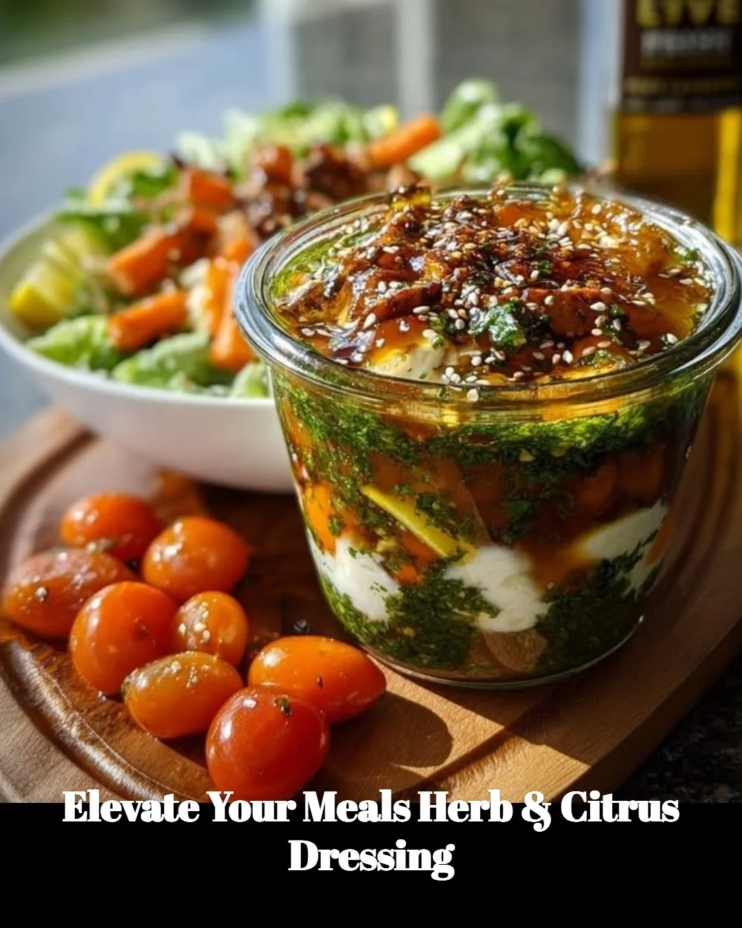 A vibrant bowl of Herb & Citrus Dressing drizzled over fresh greens and vegetables.