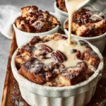 Espresso Orange Brioche Bread Pudding topped with Hazelnut Vanilla Sauce