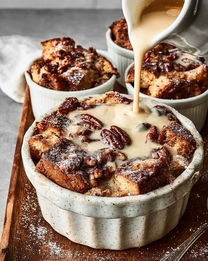 Espresso Orange Brioche Bread Pudding topped with Hazelnut Vanilla Sauce