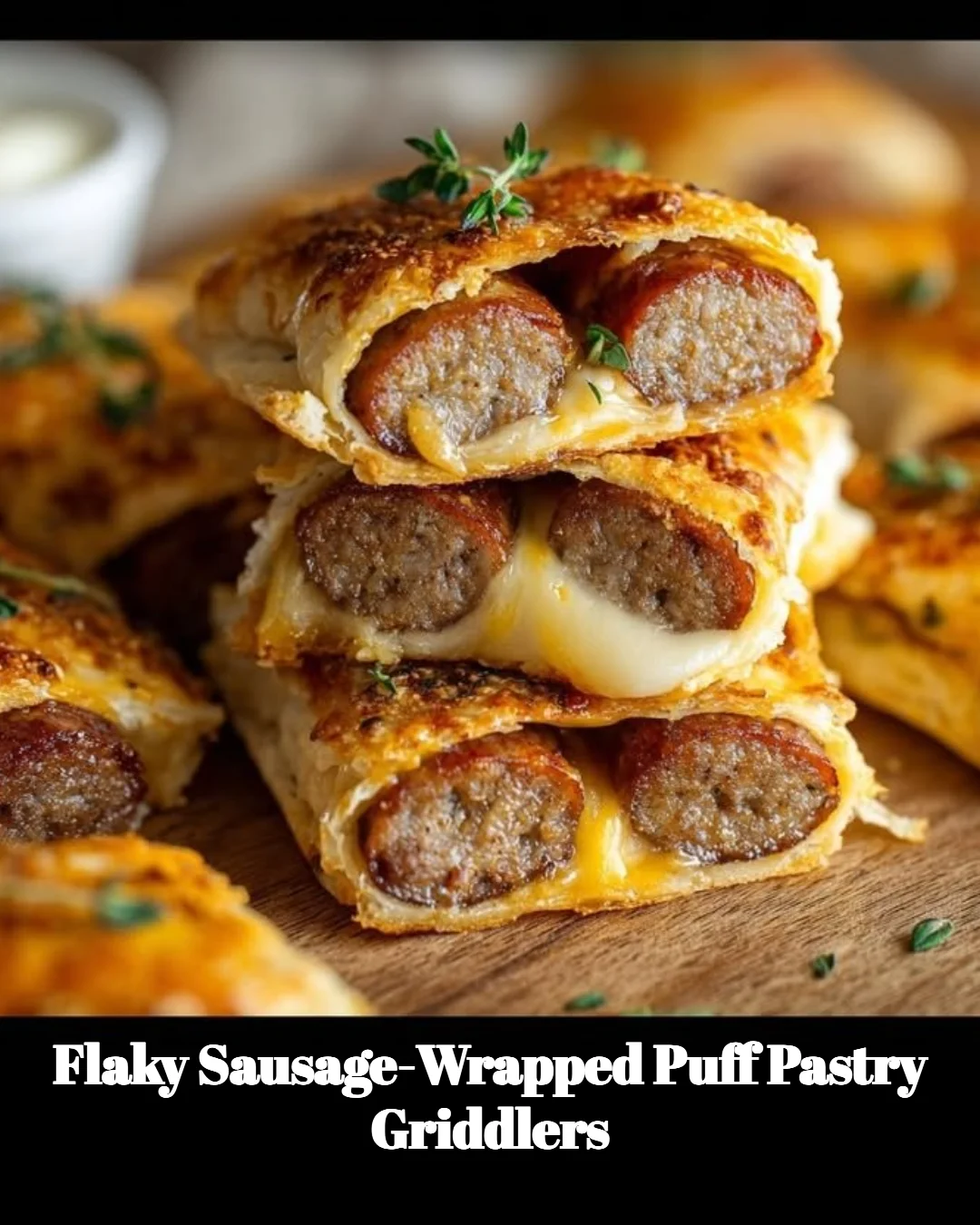 Flaky sausage-wrapped puff pastry griddlers on a serving plate