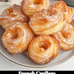 Freshly baked French Crullers on a plate, dusted with sugar.