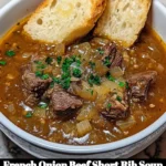 Bowl of French Onion Beef Short Rib Soup with melted cheese on top