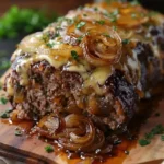 Slow cooker French Onion Meatloaf topped with melted Swiss cheese
