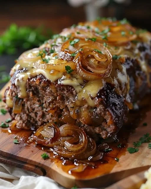 Slow cooker French Onion Meatloaf topped with melted Swiss cheese